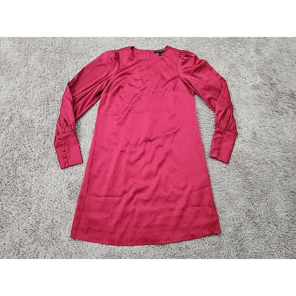 Banana Republic Shift Dress Womens 2 Magenta Satin Puff Bishop Long Sleeve Mini
